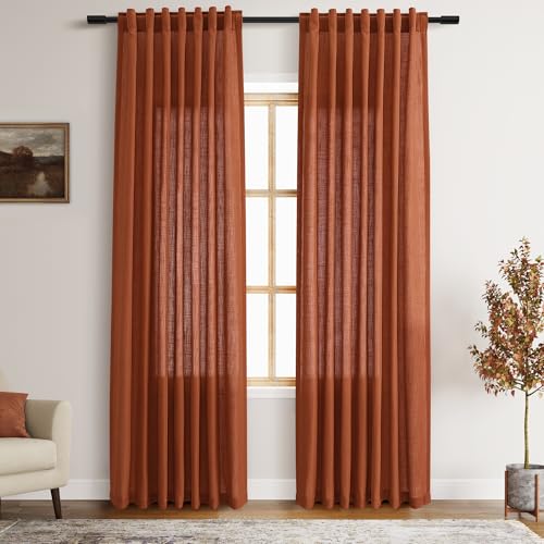Image of Terracotta Linen Curtains 84 inches Long 2 Panel Set Back Tab Rod Pocket Rustic Farmhouse Boho Curtains for Living Room Semi Sheer Brick Burnt Orange Bohemian Fall Decor for Dining Room Rust
