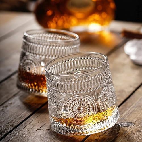 Image of Whiskey Glasses Set of 6 pcs- 300 ml Bar Glass for Drinking Bourbon, Whisky, Scotch, Cocktails, Cognac- Old Fashioned Cocktail Tumblers (6, Rotating Embossed)