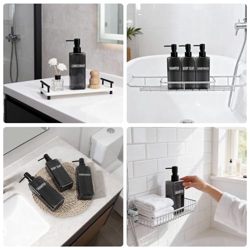 Image of Segbeauty 16.9oz Black Large Plastic Soap Dispenser Bathroom, 3pcs Large Capacity Refillable Shampoo and Conditioner Dispenser, 500ml Body Lotion Bottle, Pre-printed Square Empty Gel Cream Pump Bottle