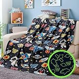 SEGXCFL Glow in The Dark Blanket，Galaxy Space Blanket Gifts for Boys Girls, Star Planet Spaceship Luminous Throw Blanket for Adult Kids, Birthday for Age 3 4 5 6 7 8 9 10 12 Year Old
