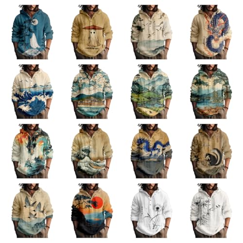 Hooded Sweatshirt Men Japanese Artsy Graphic Button Up Cool Light Weight Slim Fit Hoodies Long Sleeve Shirts3