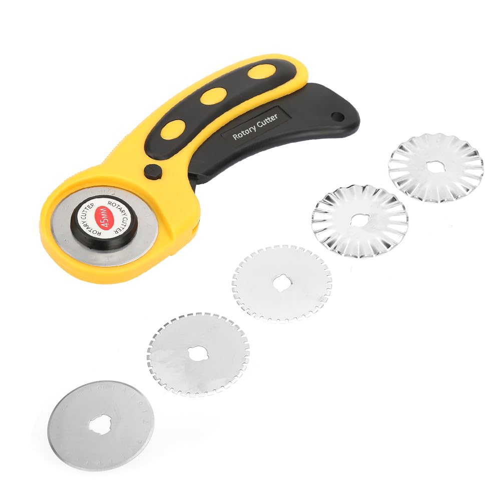 Rankomu Rotary Cutter, 45mm Rotary Cutter for Fabric, Rotary Fabric Cutter with Safety Lock, Included Extra 5 Pack 45mm Replacement Blades, Ergonomic Rotary Cutter Tool for Quilting Sewing Arts Crafts