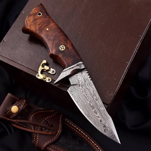 CraftTal. Jagdmesser-Taschenmesser-12 cm klinge Echtes 150 DamastStahl lagen Walnussholz Griff Ideal zum Häuten mit Lederscheide