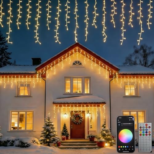 Led Icicle Lights Outdoor 43FT 400 LED RGB Smart Programmable Icicle Christmas Light for Outside Color Changing LED Connectable Music Sync for House Decorations Holiday Red White Blue Independence Day