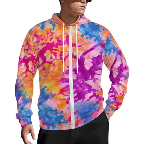 Purple Blue Pink Tie Dye Zip Up Hoodie for Men Long Sleeve Pullover Sweatshirt Jacket with Pocket