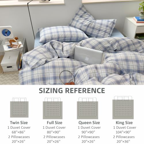 Image of EAVD Gingham Duvet Cover Full Blue Yellow Grid Plaid Duvet Cover Set | Soft Muslin Cotton 3-Piece Gingham Bedding Set 1 Duvet Cover with 2 Pillowcases Geometric Pattern Zipper Closure Corner Ties