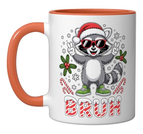 Funny Raccoon Christmas Peace Bruh Meme Ceramic Mug, Orange/White