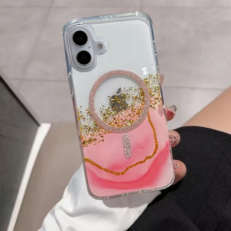 Image of mobistyle Compatible with iPhone 16 | Magentic Glitter Gradian Elegant | Camera Lens Protection Back Cover Case for Women Girls iPhone 16 (Pink)