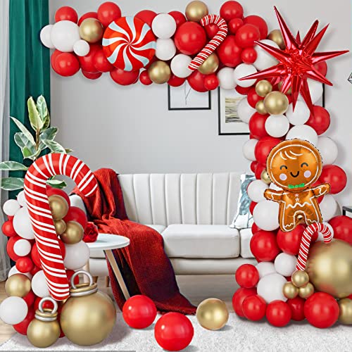 Christmas Balloon Garland Arch Kit Xmas Holiday Balloons With Red White Golden Balloons Candy Foil Balloons Candy Cane Balloons Red Starburst Balloons For Christmas Party Decorations #TOP5