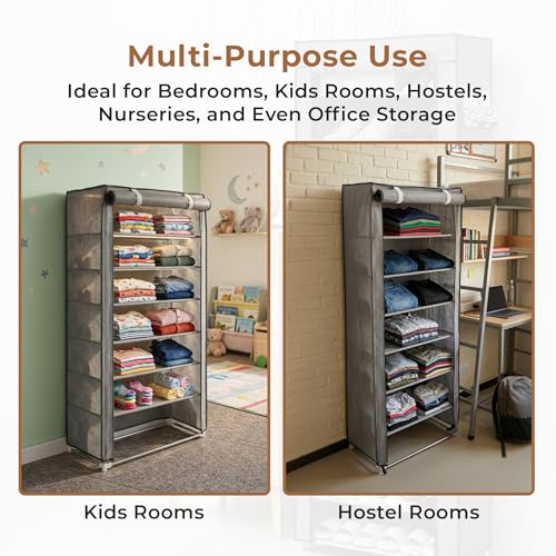 Image of HomeEssentials 6-Shelf Closet Organiser - Heavy-Duty Vertical Wardrobe Storage for Clothes, Shoes & Toys - Foldable Cloth Hanging Shelves for Home, Office & Kid's Room