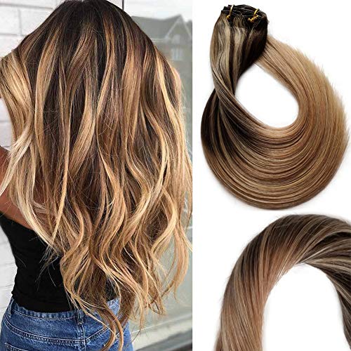 Balayage Clip In Hair Extensions Real Human Hair Extensions Brazilian Brown Hair Extensions #4 Medium Brown Hightlight Color #10 and #27 Dark Blond Full Head Silky Straight 8PCS(18",#4P/10T27)140g