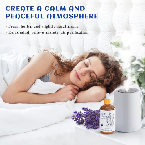 Image of HIQILI Lavender Essential Oil for Diffuser, Aromatherapy & Better Sleep | With 10ml travel bottle, Relaxes Mind & Eases Stress, Calming Scent for Room Office & Workspace - 100mL / 3.38 fl oz