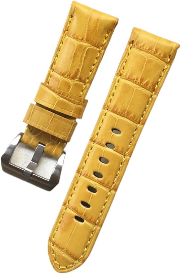 MJMT06 24MM Yellow Crocodile Pattern Genuine Leather Watchband Watch Strap Replace Compatible with Compatible with PAM441 PAM111 Pilot Bracelet Pin Buckle