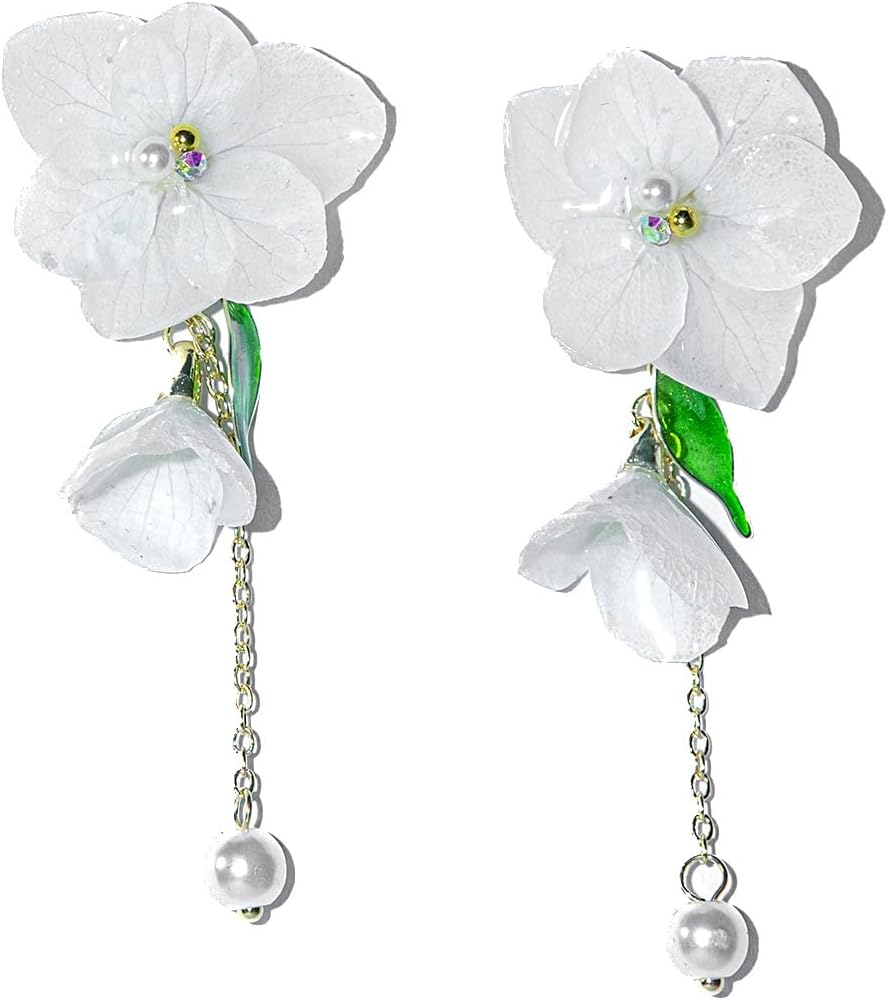 Handmade Real Hydrangea Flower Earrings | French Romantic Pearl Tassel Dangle Earrings | Original Design Resin Studs | Preserved Flower Gift for Women
