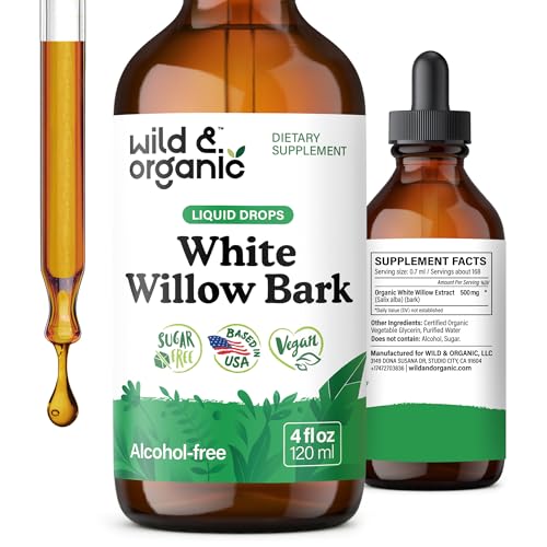 Wild & Organic White Willow Bark Tincture - Liquid Supplement for Overall Support - Alcohol & Sugar-Free White Willow Extract Drops - Salix Alba Bark - Vegan No Additives - 4 fl oz