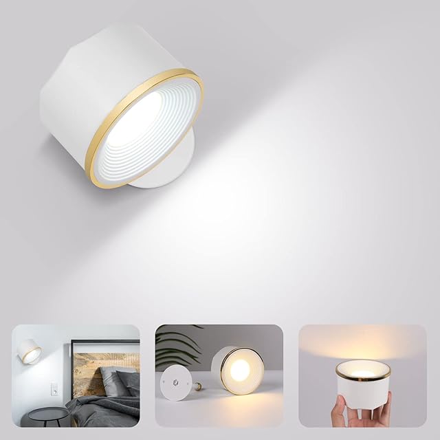 Vicloon LED Wall Light, Bedroom Wall Light Indoor lamp with Warm/ Natural/White Light, 16 Brightness Modes, Touch Control, Remote Control, 360° Rotate, Wall Lamp for Bedroom Cabinet (White)