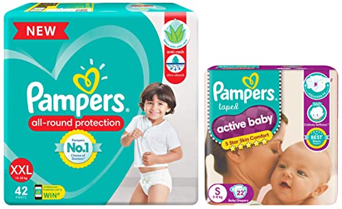 Image of Pampers All round Protection Pants, XXL Size, 42 Count & Active Baby Diaper, Baby Diaper S Size, 22 Count