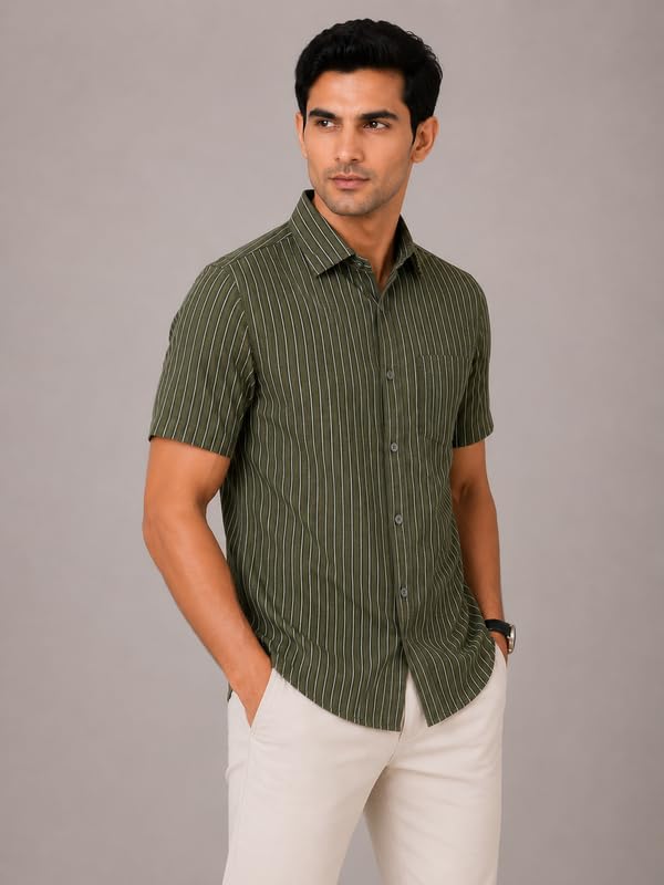 Image of MARK & ALBERT Men's Half Sleeve Cotton Linen Striped Shirt