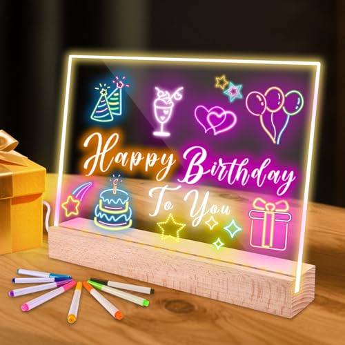 NZQXJXZ Tableau LED avec 8 Stylos Couleurs, Panneau lumineux en verre avec 4 Modes de Lumière et Luminosité Réglable, Tableau de Messages LED avec Boîte Cadeau, Carte et Chiffon pour Maison, Bureau