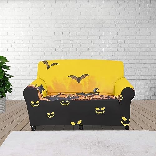 AFPANQZ Halloween Sofa Cover Protector Slipcover 1 Piece Halloween Decor Home Sofa Cover Slipcover Soft with Elastic Bottom Sofa Slipcover Protector Black Yellow 55″ to 72.8″ Loveseat Sofa 2 Seater