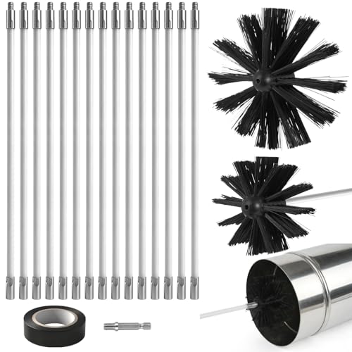 Kit de ramonage de 6,1 m avec 15 tiges flexibles extensibles, nettoyeur d'aération de sèche-linge avec têtes de brosse de 9,9 cm et 15 cm, adaptateur de perceuse pour conduits de cheminée et tuyaux de