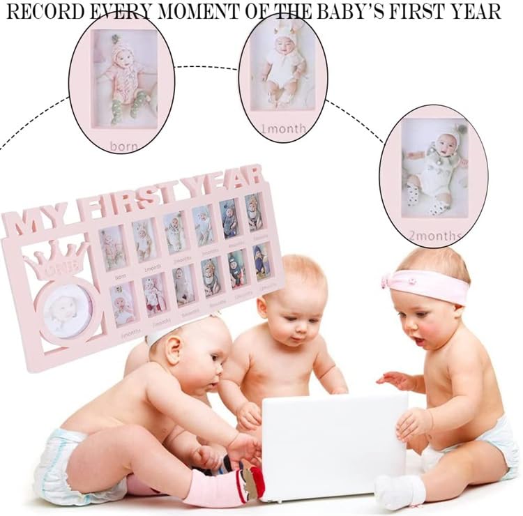 Aqsacokiya My First Year Baby Photo Frame 13 Aperture Photo Frame for Baby First Year Baby Photo Frame Christening Gift for 1st Birthday Girl Boy - Pink