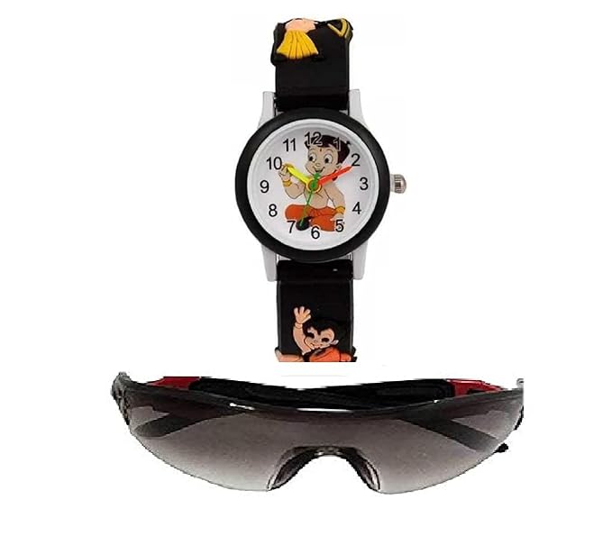 sba prime Boys Girls Black Goggle Sunglasses and Yellow Digital Watch (3-6 Yrs, Small)
