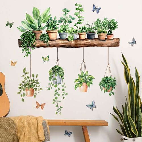FUFUQUARE Adesivi Murali Piante Vaso su Mensola Legno Adesivi da Parete Farfalle Acquerello Sticker da Muro Pensili Decorazioni per Soggiorno Camera da Letto Cucina