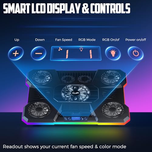 Image of CLAW Storm Pro A21 Laptop Cooling Pad with 9 Fans (6x60mm + 4x85mm, Up to 2400 RPM), RGB Lighting, LCD Display, Mobile Stand, 9 Height Levels, USB & Type-C Ports, Fits Up to 17-Inch Laptops - Black