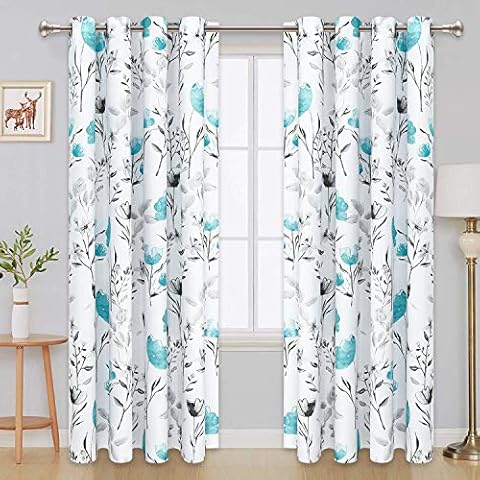 VERTKREA Window Curtains Flower Watercolor Teal Drapes Teal and Gray 52 × 63 Inches Flower Leaves Grommet Curtain for Bedroom Living Room Kitchen Bathroom Nursery 2 Panels Cover
