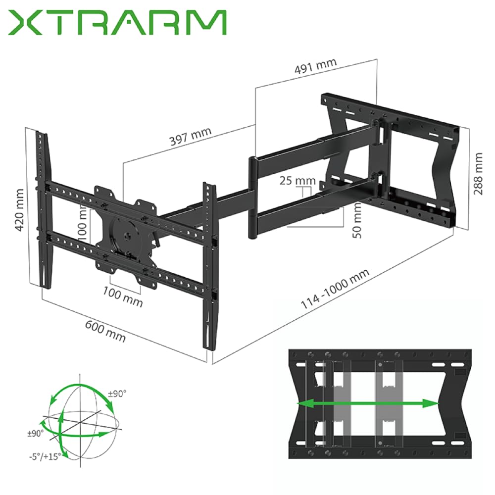 XTRARM TiTon 100 cm, supporto TV a parete, rotazione, inclinazione, TV max.60 kg, VESA 600x400mm