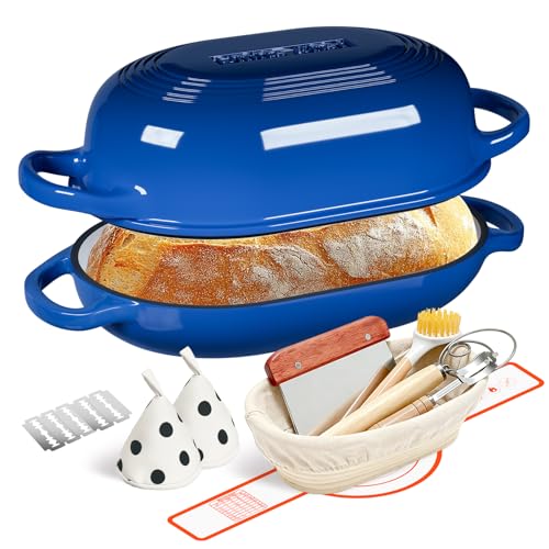 Enameled Cast Iron Dutch Oven for Bread Baking - incl. Sourdough Bread-Baking Supplies like Banneton Bread-Proofing Basket - 5QT Loaf Cast Iron Bread Oven Pan with Lid Meatloaf Pan with Lid, Sour Sough Tools, Lame(Blue）