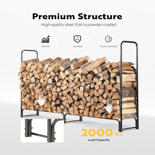 VIVOHOME 8ft Heavy Duty Indoor Outdoor Firewood Storage Log Rack with Cover Combo Set Black 8ft Heavy Duty Firewood Rack Log Holder with Carrier Bag, Metal Wood Pile Storage