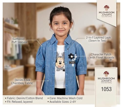 Image of Kids' Denim‑Look Chambray Shirt with Sewn‑in Tee, Puff Sleeves, Casual Layered Top