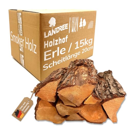 Landree Erle Smoker-Holz 15 kg - 20 cm Scheitlänge - Feines Räucherholz für delikate Aromen, naturbelassen & mild, Qualität aus Schleswig Holstein