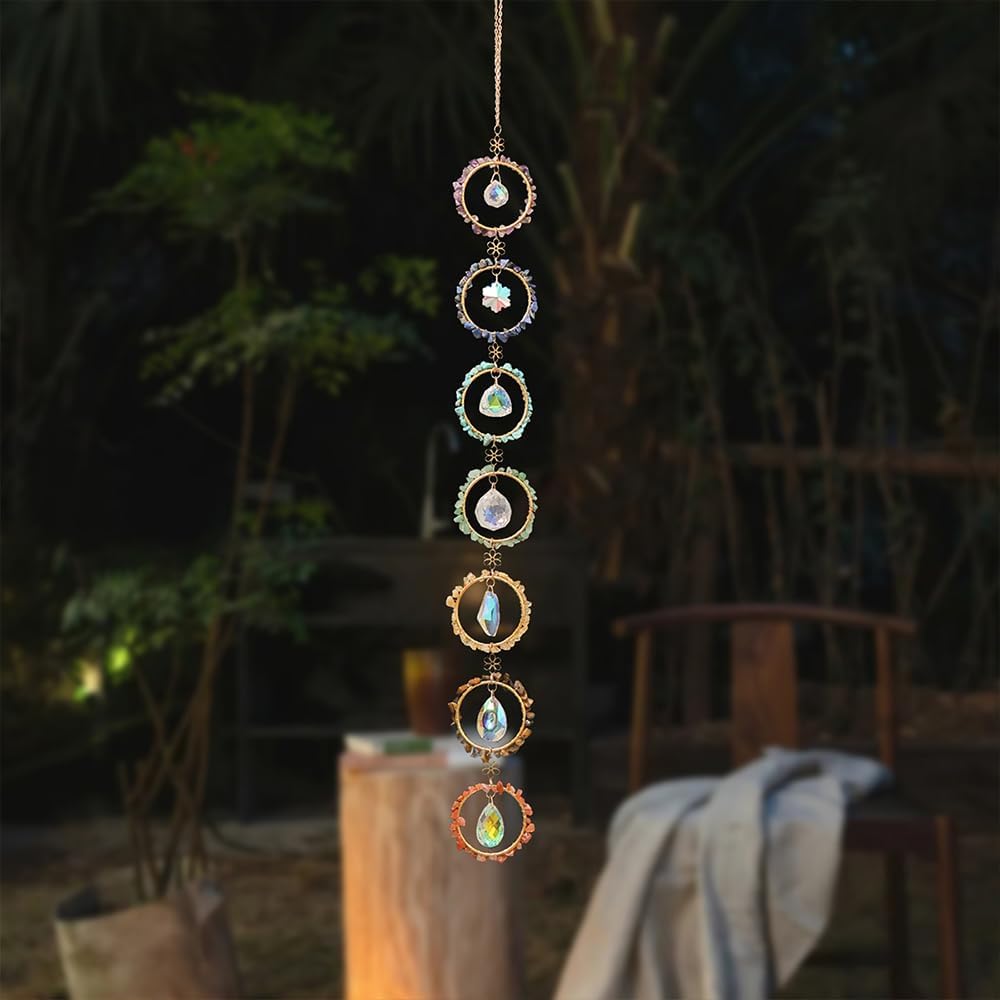 Chakra Hanging Crystals Natural Gemstone Decor Window Sun Catcher 7 Chakra Spheres Gemstone Wall Hangings Healing Crystal Decor Handmade Decoration Gift for Mom