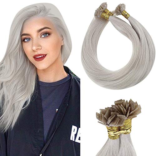 LaaVoo 14" Hot Fusion Pre Bonded Flat Tips Human Hair Extensions in Color Platinum Blonde Keratin Gle Flat Stick Tips Remy Virgin Hair 1g/strand 50g (#60)