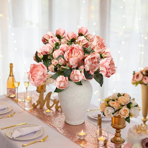 Tobilu Peonies Artificial Flowers - 2 Bouquets Pink Peonies with Stems Fake Silk Flower Arrangements for Dining Table Wedding Bridal Shower Party Centerpieces Decorations — view 5