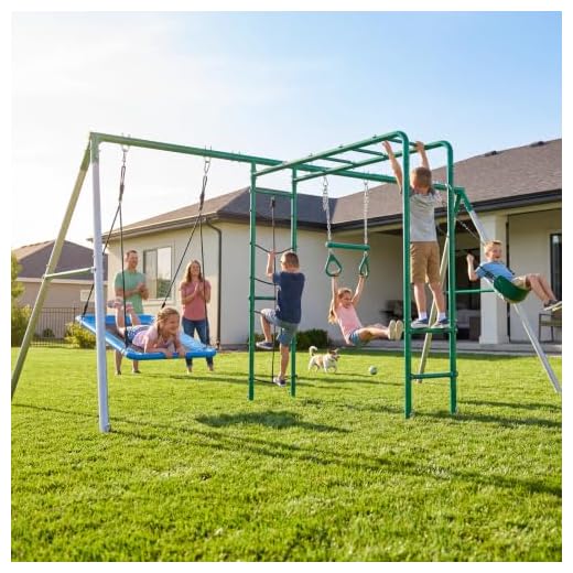 Hapfan Swing Sets for Backyard with Monkey Bars, Belt Swing, Platform Swing, Climbing Net, Trapeze Bar, Outdoor Playset for Kids (Patented)