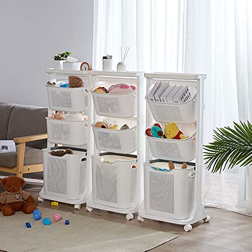 3-Portable Basket Rolling Cart With Top Shelf | Rolling Laundry Cart | Storage Organizer, White #TOP3