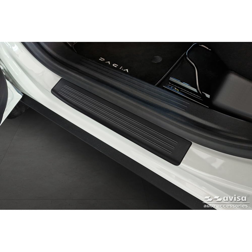 Czarne ochraniacze progów drzwi Inox kompatybilne z Dacia Duster III 2024- - "Lines" - 4-częściowe