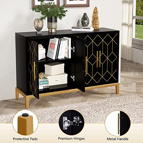 Hlr Accent Cabinet With 4 Doors&Shelves, Sideboard Buffet Cabinet With Gold Trim, Modern Black Storage Cabinet For Living Room, Entryway, Kitchen, Dining Room, Hallway #TOP5