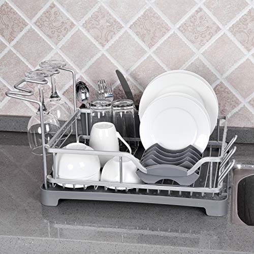 Dish Drying Rack Over The Sink, Aluminum Dish Draining Set with Drainboard, Removable Compact Utensil Holder Set, Cutlery Holder, Stemware Holder, Non-Slip Cup Holders for Kitchen