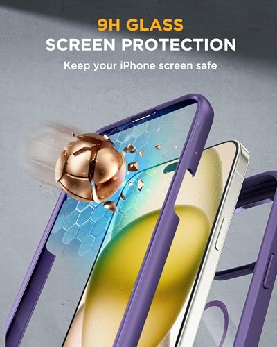 Image of Miracase Glass Series for iPhone 15 Case [Compatible with MagSafe] Full-Body Magnetic Case with Built-in 9H Tempered Glass Anti-Fingerprint Screen Protector + Camera Lens Protector, Purple