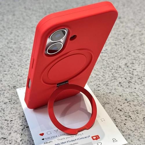 Coque silicone liquide rouge pour iPhone 16 avec anneau de support magnétique
