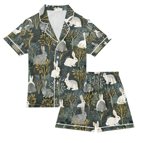 senya Cute Rabbit Tree Satin Summer Pajama Sets Silk Short Sleeve Button Down Sleepwear