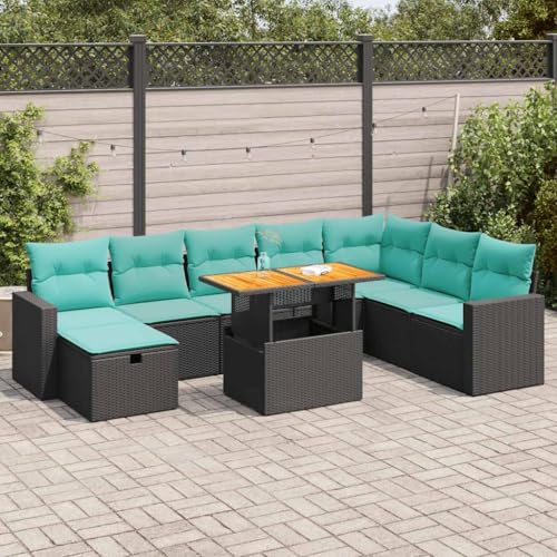 Quoril 9 Piece Patio Sofa Set with Cushions Black Poly Rattan Acacia Durable Modular Outdoor Sectional for Backyard, Terrace, Pool Patio Furniture and Apartment Balcony Seating