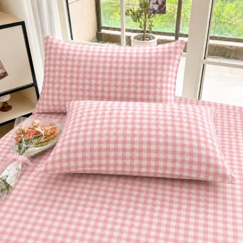 Image of VOMZER King Size (72x78) 300 TC Soft Cotton Feel Microfiber All Around Elastic Fitted Double Bedsheet with 2 Pillow Covers | Pink Check