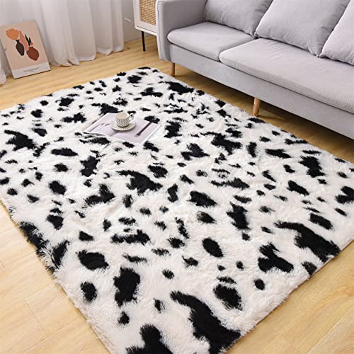 Aimuan Cow Print Area Rug Cute Fluffy Faux Cowhide Rug Super Soft Shaggy Carpets Tie-Dye Rugs For Living Room Bedroom Girls Kids Room Nursery Home Decor Non-Slip Mat (White-Black, 5X7) #TOP3