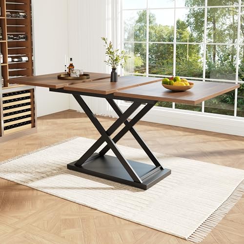 Mesa de comedor telescópica, mesa de comedor extensible, mesa de cocina que ahorra espacio, patas de hierro cruzadas negras, para cocina y salón, (120-160 x 80 cm) (color nogal)